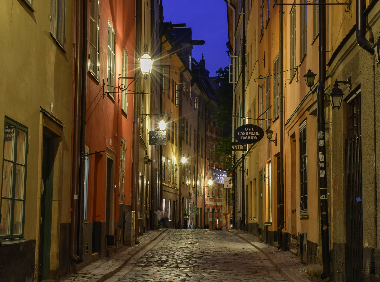 cobblestone street at night in Stockholm Old Town