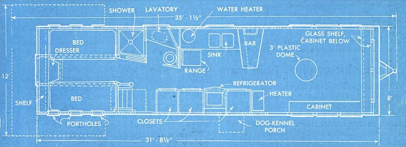 Floor plan illustrates the compact arrangement of facilities. The full-size bath has a separate shower stall. Interior height of trailer is 6 feet 10 inches 