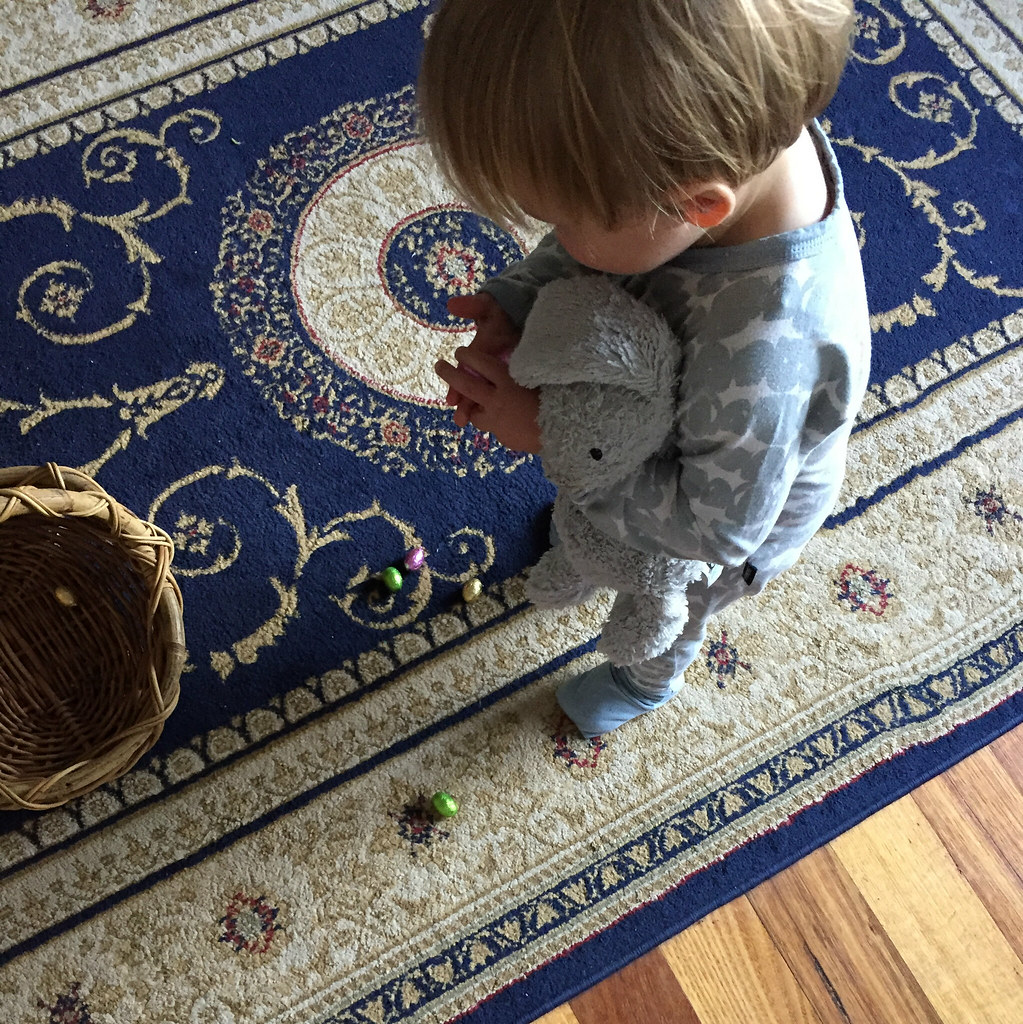 ag cuddling his bunny and hunting small eggs on the floor