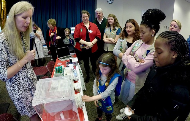 Dr. Dawn Gundersen-Rindal of Agricultural Research Center leading a Girl Scout demonstration