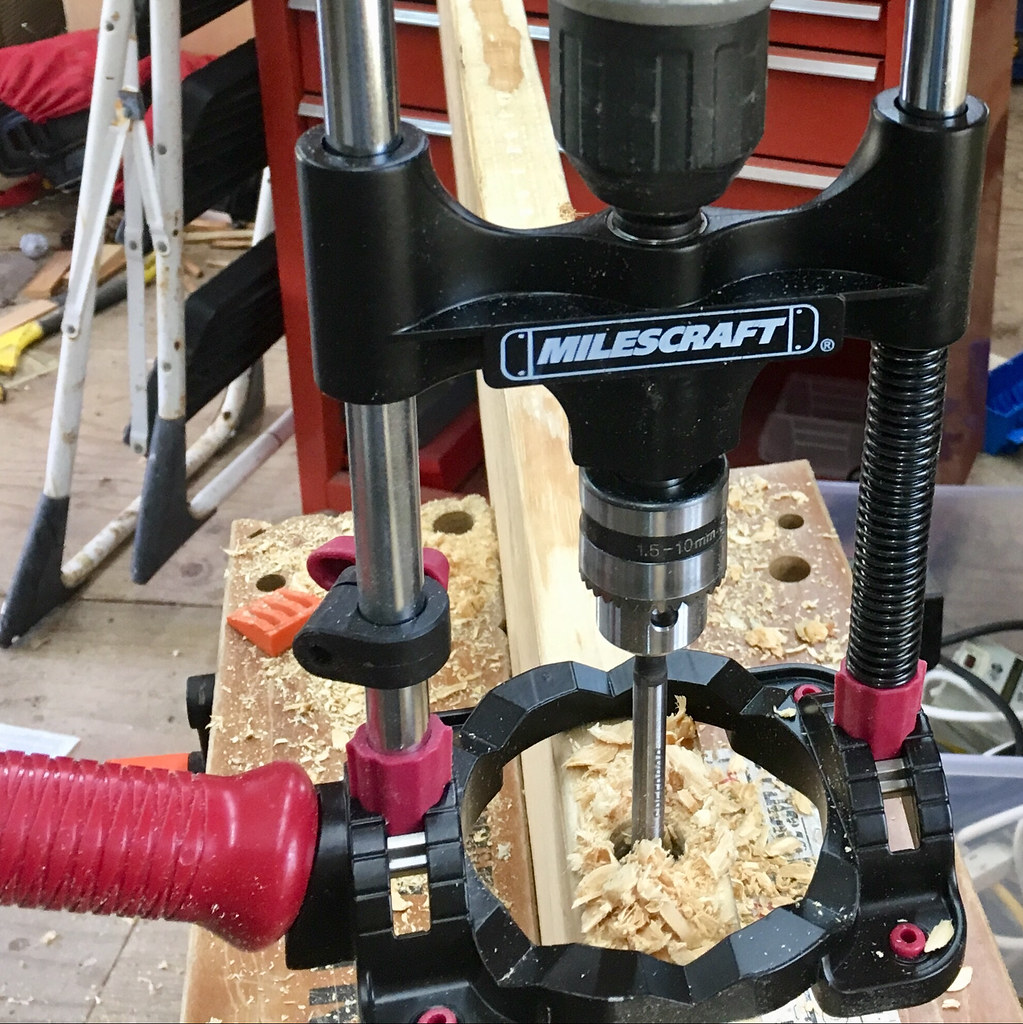 Drilling a 3/4 inch diameter hole in a 5 ft 2x10 for a floating shelf, March 31, 2018 (Apple iPhone 6s)