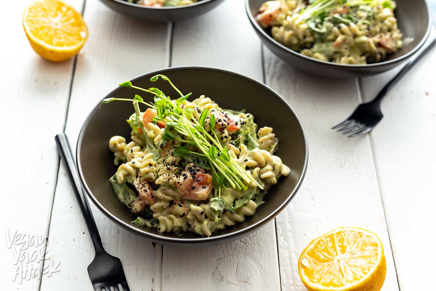 Here, creamy avocado and iron-rich tahini come together to make a delicious, super-simple, dish! This avocado tahini pasta is great for a quick dinner, or make-ahead lunch. Vegan, gluten-free, soy-free, and nut-free.