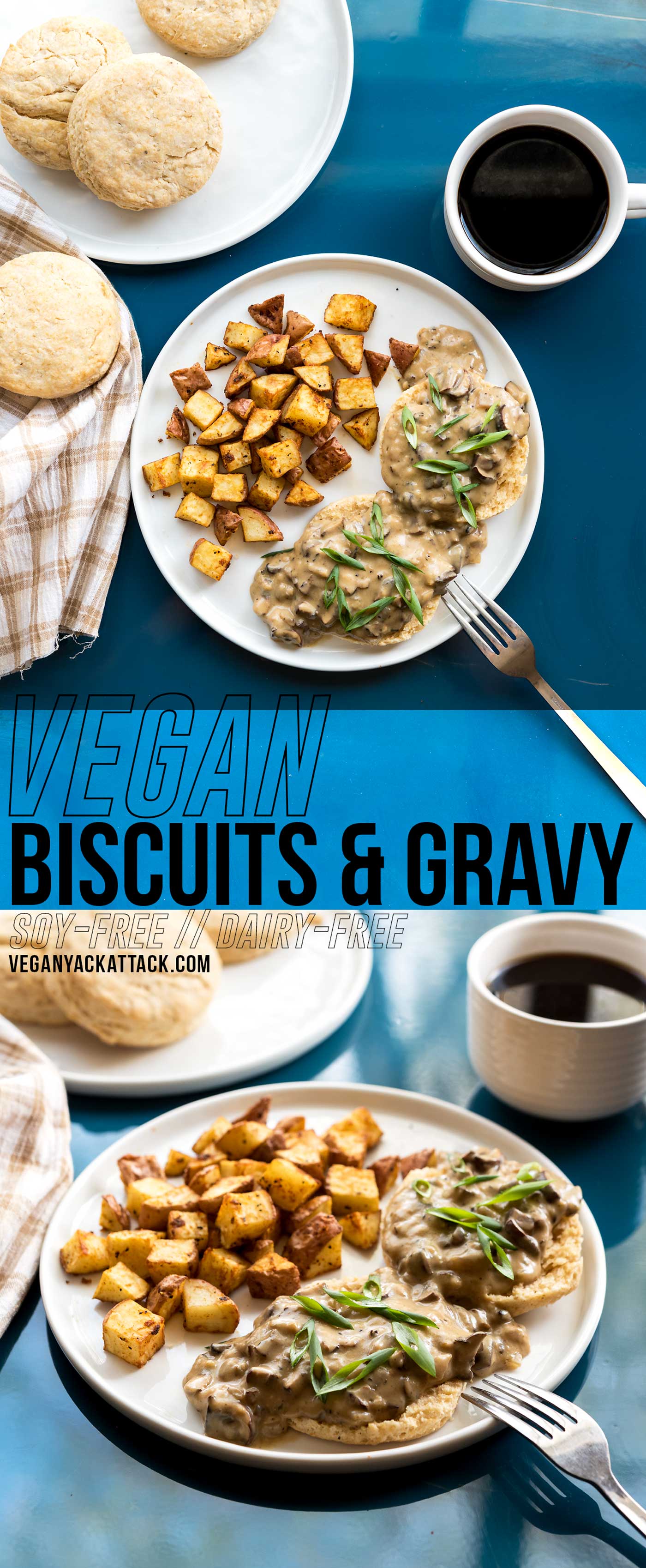 Rich, comforting gravy, on top of fluffy, flaky, buttery vegan biscuits? You got it! This recipe for vegan biscuits and gravy will become a staple in your brunch menu, for many mornings to come. #vegan #brunch #veganyackattack