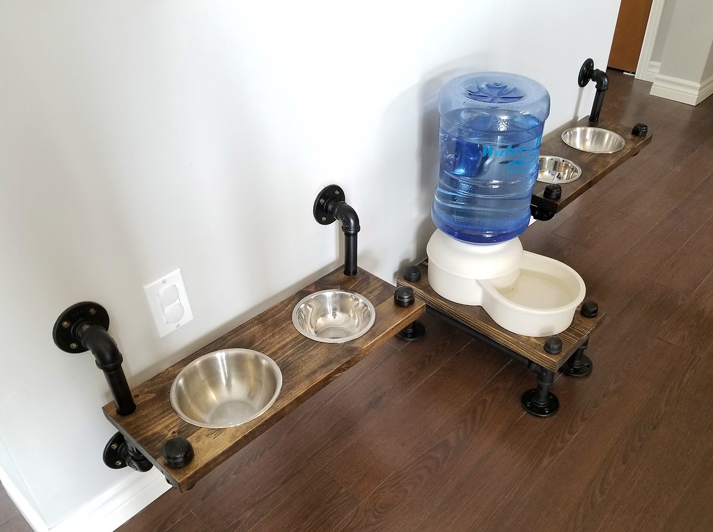 Industrial style dog feeding station - plumbing pipe  dog bowl