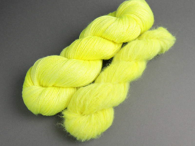 Brilliance Lace and Fuzzy Lace hand dyed yarn in 'Health and Safety Gone Mad' (neon yellow)