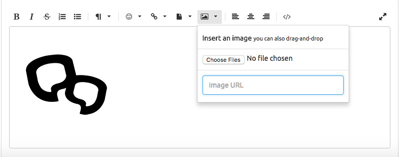 In the text editor, click the image icon and either upload or paste a url to upload your image/video