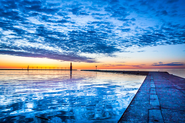 Algoma, WI, Lake Michigan, Blue, Sunrise, Harbor, Reflection