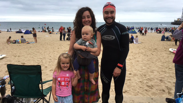 Andy with his family (Laura, Imre and Orla) pre-swim in Bournemouth.