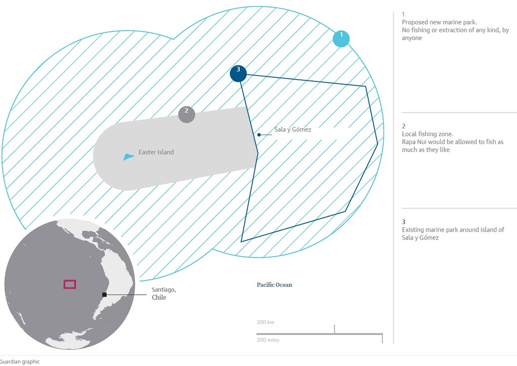 復活節島海洋保護區分區圖，原住民仍可以在島周圍以傳統方式捕魚。圖片來源：the Guardian