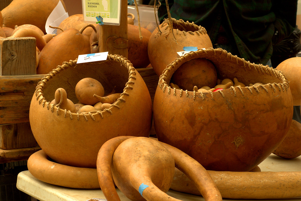 Gourd Baskets - Dane County Farmers Market Saturday on the Square, Madison, Wisconsin, June 2, 2018. Photo shared as public domain at Pixabay and Flickr. 
