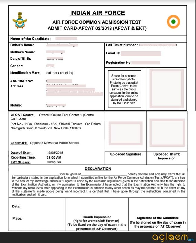Specimen copy of AFCAT Admit Card