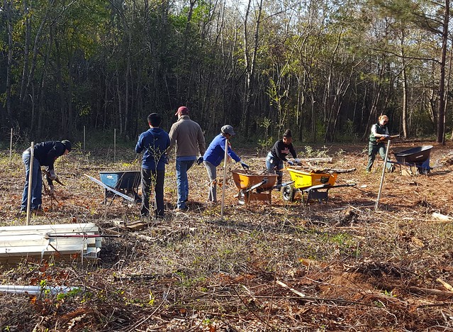 Volunteers preparing the community garden area