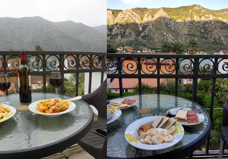 Gluten free sausage, olives and pesto pasta + banana, cookies, yoghurt, salami and Schar crackers in Kotor, Montenegro | My gluten free experience in Montenegro