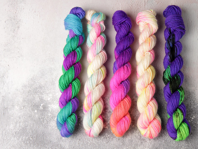 Hand-dyed sock mini skeins pure British superwash wool yarn pack 5 x 20g – ‘Beyond Neon’