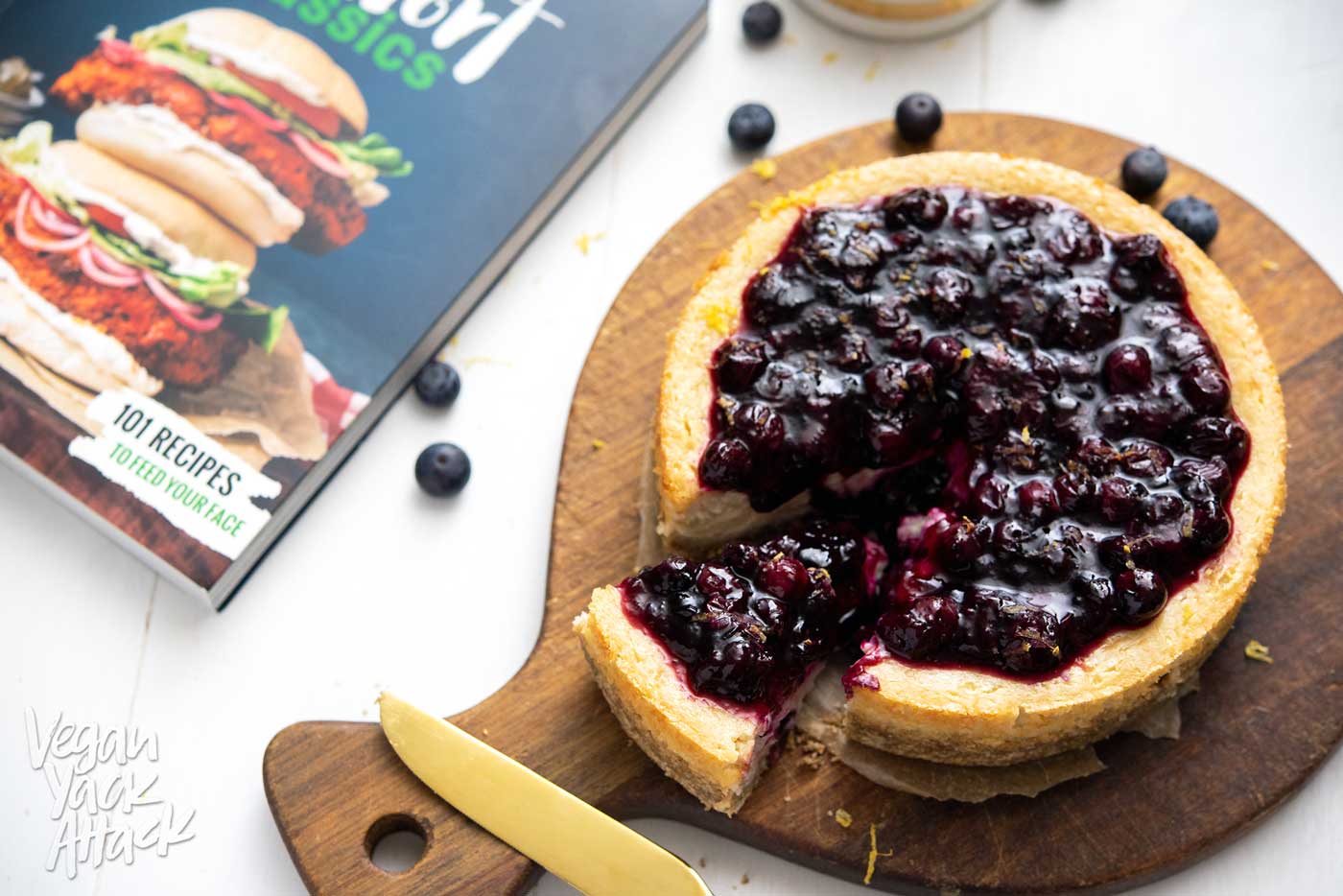 This vegan, Baked Blueberry Cheesecake is luscious and SO much like the traditional version! Plus, it's gluten-free! Indulge in this delectable dessert from Lauren Toyota's cookbook, Vegan Comfort Classics, and you won't be disappointed.