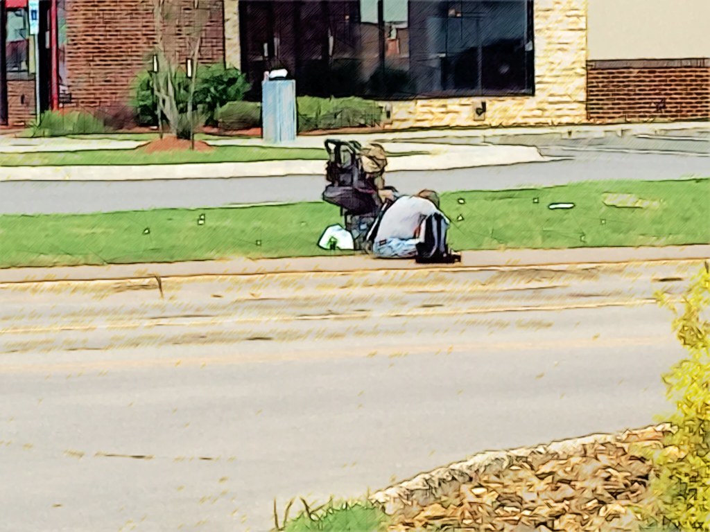 Panhandler at his normal spot, stroller is for his dog, Russellville, Arkansas, May 8, 2018 (Apple iPhone 6s rendered to drawing using Akvis Sketch, classic cartoon)
