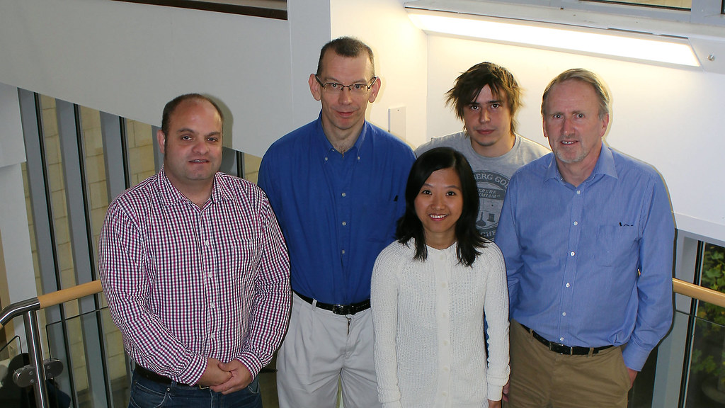 The research team (L-R: Dr Tim Woodman, Dr Matthew Lloyd, Mrs Guat Lee, Mr Maksims Yevglevskis and Professor Mike Threadgill)
