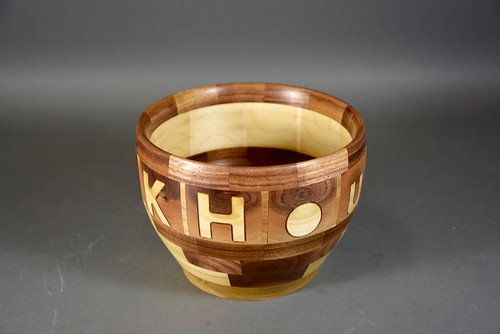 Wood Turned Segmented Bowl with Inlaid Letters