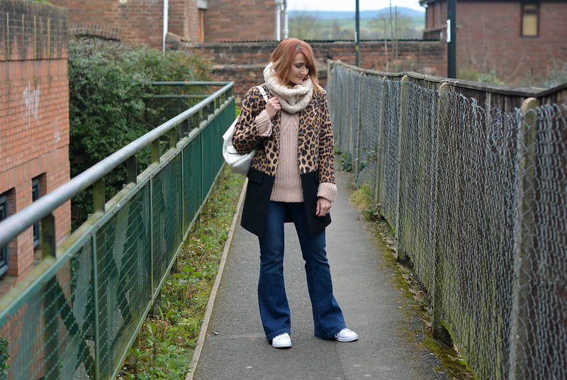 Winter style: Two tone leopard/black coat, flared jeans, white Adidas Stan Smiths | Not Dressed As Lamb