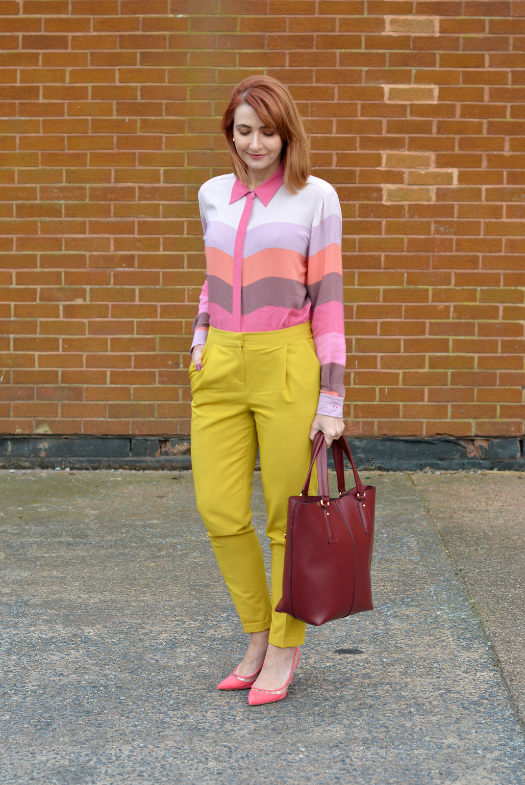 SS16 pastel bright stripes, mustard yellow trousers, coral heels | Not Dressed As Lamb