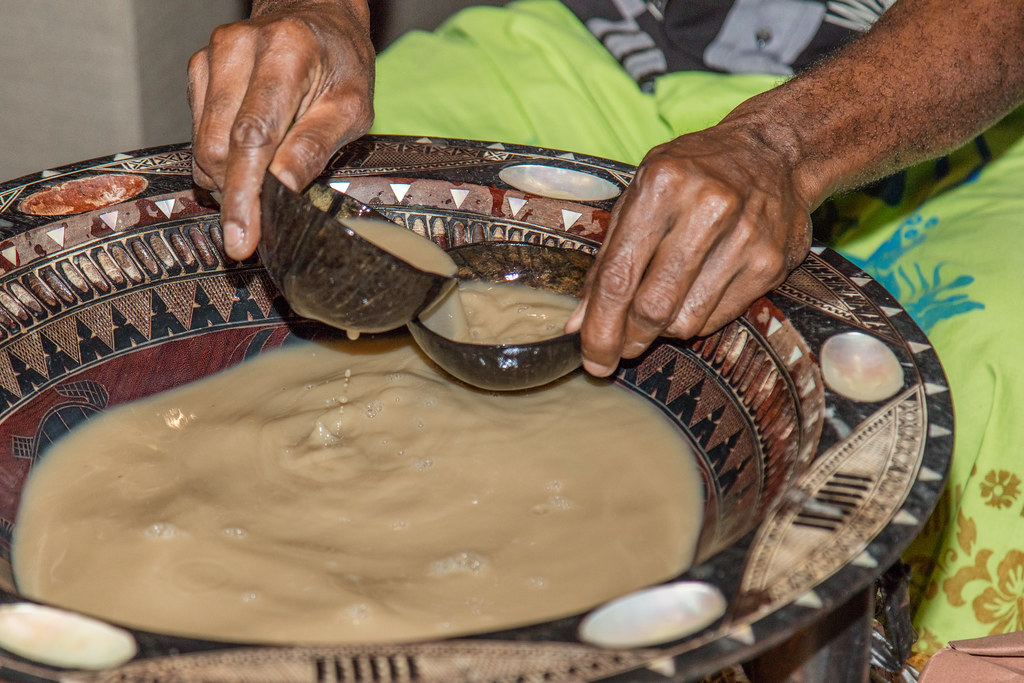 Pouring kava into coconut shells