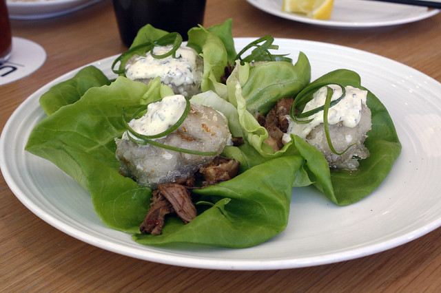 Pulled Pork Lettuce Wraps with Fried Oysters and Peanut Miso Dressing