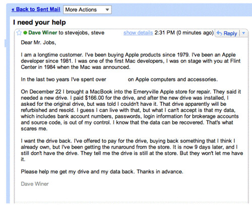 Screen shot of email to Steve Jobs at Apple  See also 