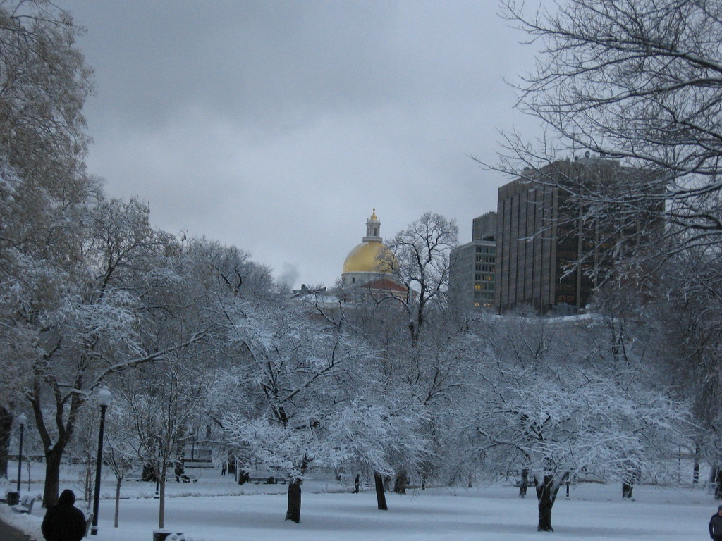 Snow on Boston Common with State House Dome ...