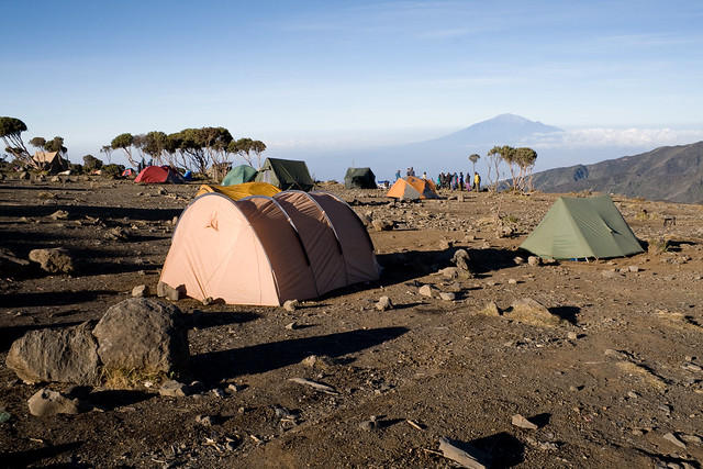 New Shira Camp 3847m asl. in the morning. Mount Meru in the horizon.