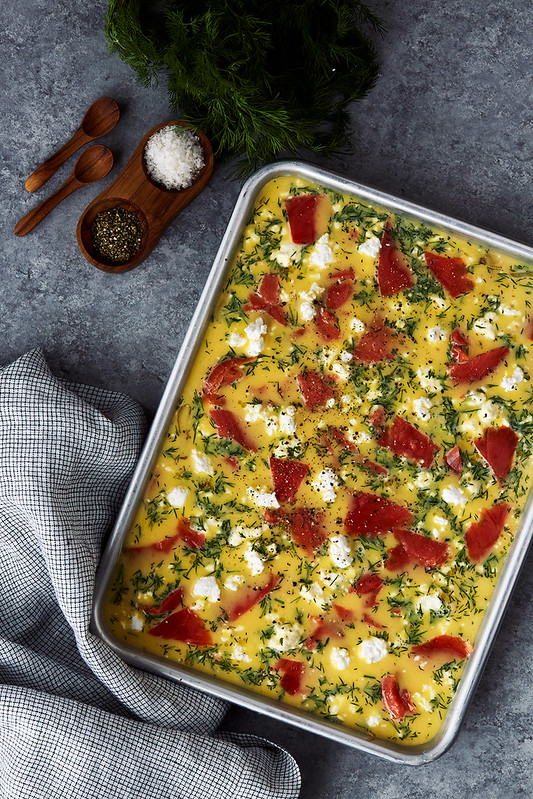Crustless Sheet Pan Quiche with Smoked Salmon and Goat Cheese