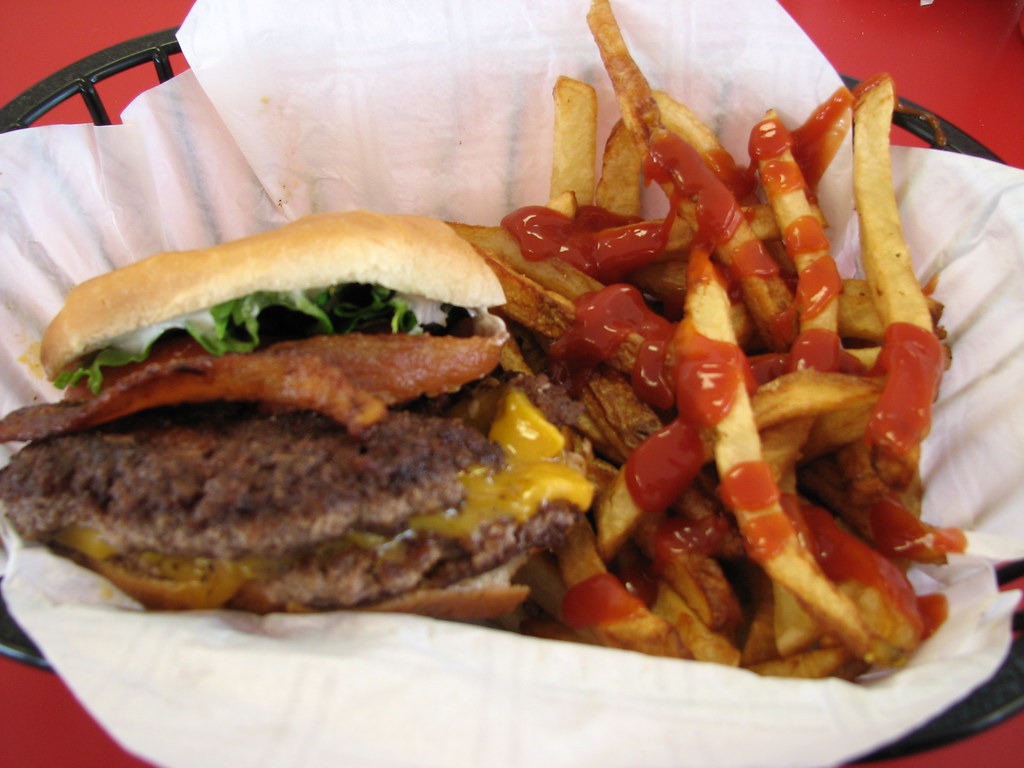 Double Bacon Cheeseburger and Fries at CJ's Butcher Boy Bu