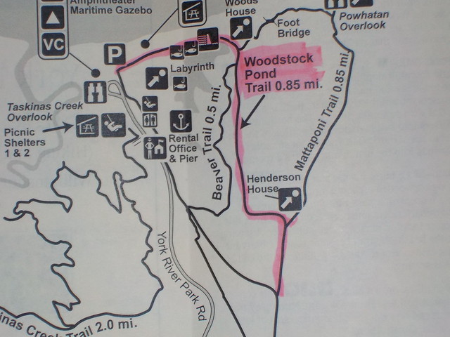 Woodstock Pond Trail map at York River State Park, Va