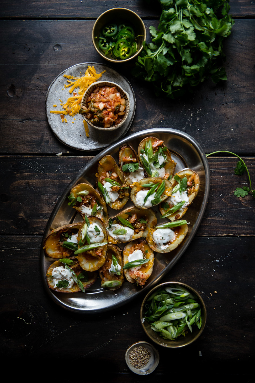 kimchi potato skins | two red bowls