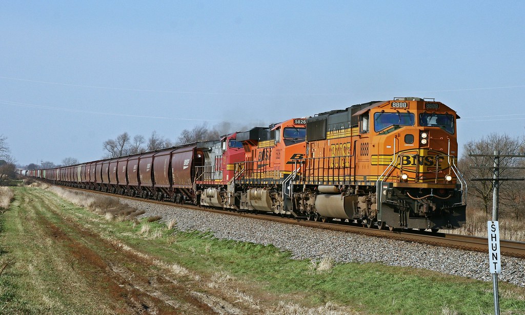 BNSF 8888 heads a unit grain train east on the Aurora Sub … | Flickr
