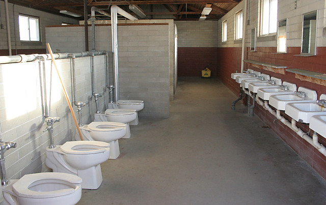 Public restrooms with no stalls / no walls between toilets : r/urinewords