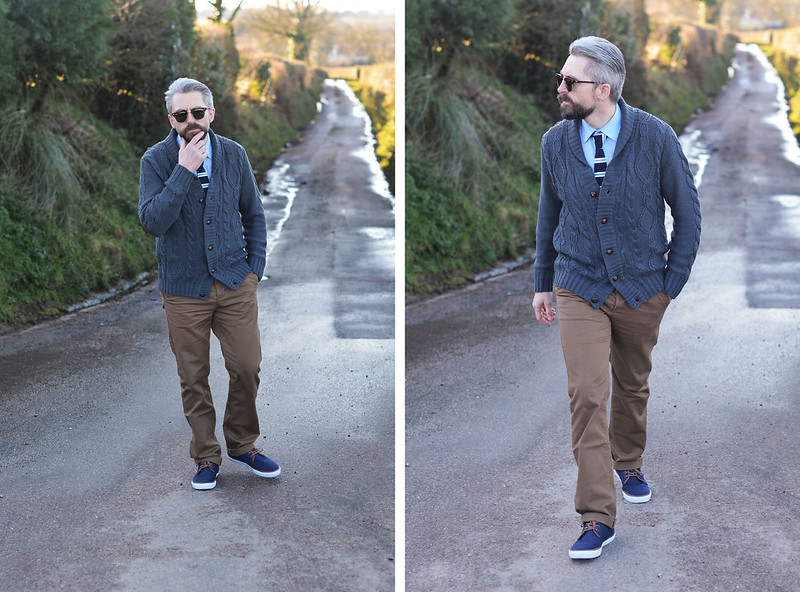 Smart casual menswear: Cable knit cardigan \ shirt and striped tie \ camel chinos \ canvas lace-up shoes \ RayBan Clubmasters | Silver Londoner, over 40 menswear