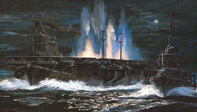 fatal hits... torpedoes striking IJN Shinano