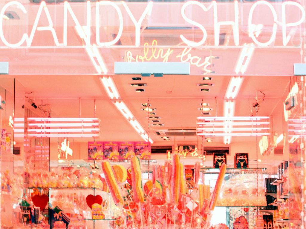 pink neon candy shop Sweet candy shop in Brussels city.