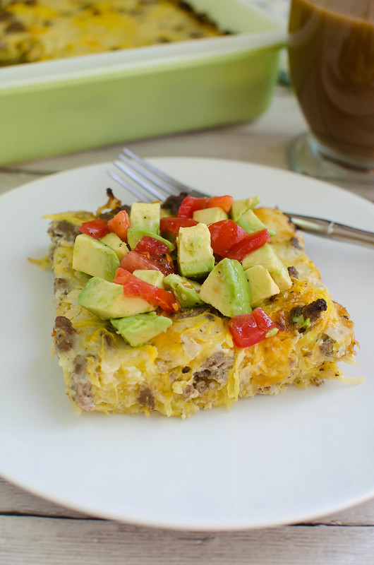 Spaghetti Squash Breakfast Bake - low carb breakfast idea! Spaghetti squash, sausage, eggs, and cheese baked together for the perfect healthy meal prep breakfast!