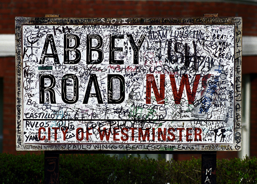Graffiti covered Abbey Road street sign, London (photographed in 2000. 