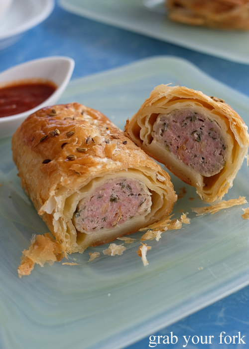 Inside the pork and fennel sausage roll at Sweet Envy patisserie in Hobart Tasmania