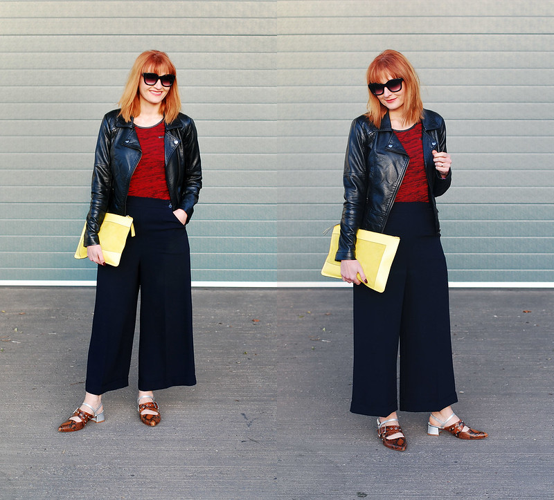 Corporate rock chic look: Black biker jacket red textured t-shirt navy culottes Finery pointed strappy snakeskin buckle shoes neon yellow suede clutch | Not Dressed As Lamb, over 40 style
