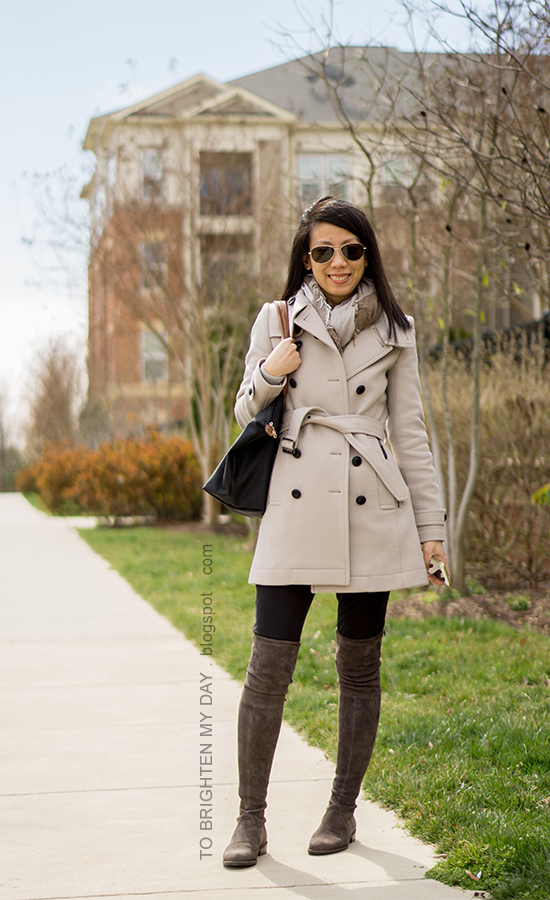 gray wool trench coat, plaid scarf, black tote, black skinny  jeans, gray suede over the knee boots