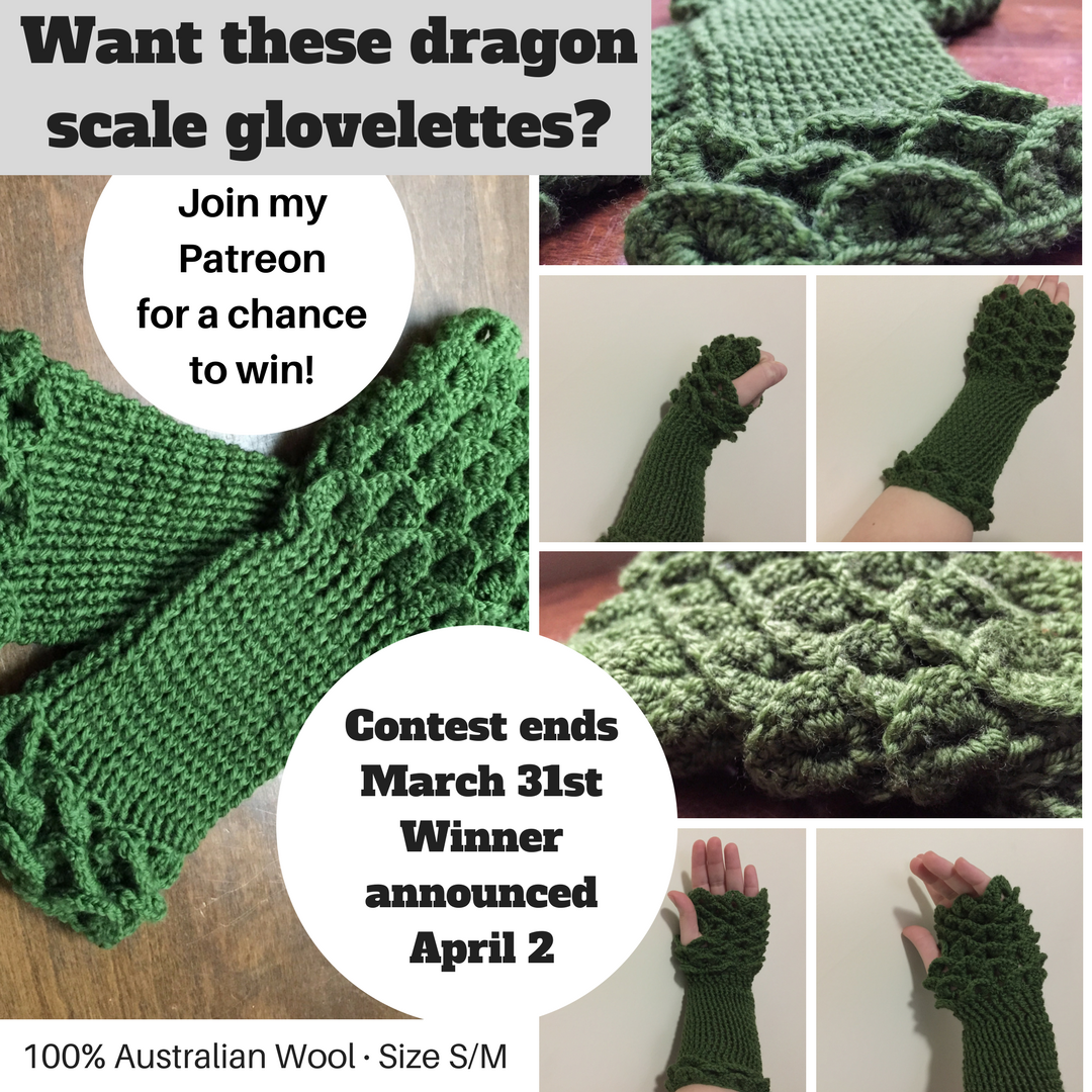 Want these dragon scale glovelettes?Join my Patreon for a chance to win. Glovelettes are 100% Australian wool. Size small medium. Contest ends March 31st. Winner announced April 2nd.