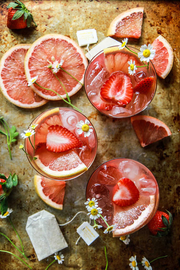 Strawberry Grapefruit Bourbon and Chamomile Brunch Punch from HeatherChristo.com