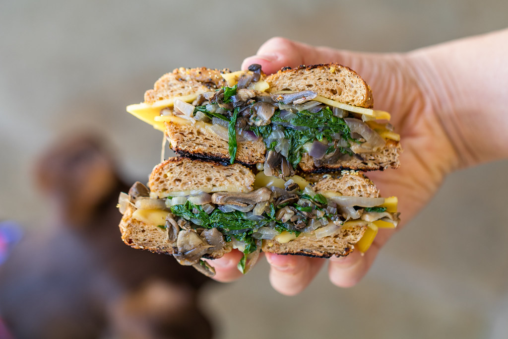 Grilled Cheese Bagel w/ Caramelized Onions and Mushrooms // What A Vegan Couple Eats In Day + w/ Recipes + Videos! sweetsimplevegan.com #easy #easyvegan #budgetfriendly #vegancouple #veganmeals