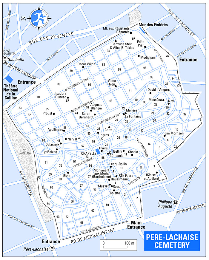 Карта кладбища Пер-Лашез в Париже