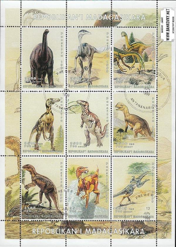 Známky Madagaskar 1999 Dinosaury, razítkovaný hárček