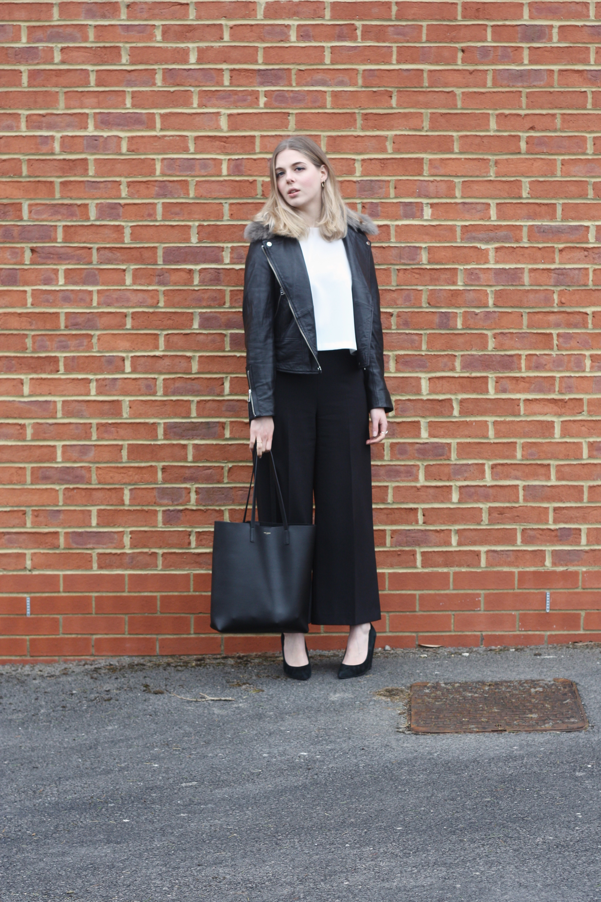 Zara cream cropped top, Whistles black heels and Saint Laurent black tote