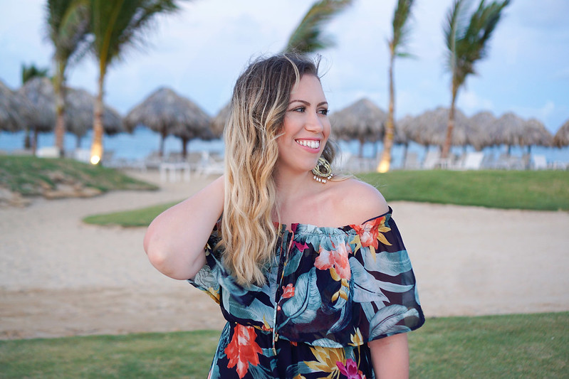 My Favorite Spring Trends Lulu's Navy Floral Print Off Shoulder Maxi Dress Punta Cana Dominican Republic Beach Vacation Outfit